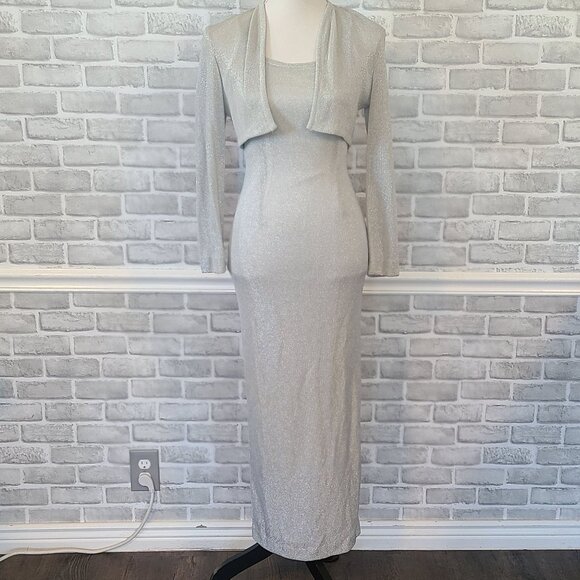 Vtg Dave & Johnny Y2K Metallic Silver Dress and Jacket Bodycon Prom Dance Glam - Picture 1 of 10